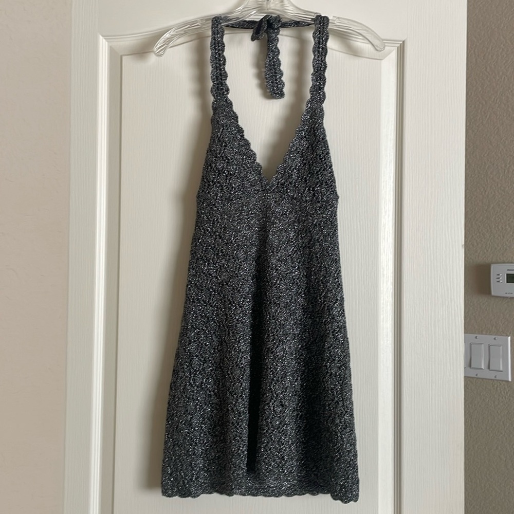 BECCA CROCHET DRESS OR COVERUP BLACK WITH SILVER METALLIC THREAD